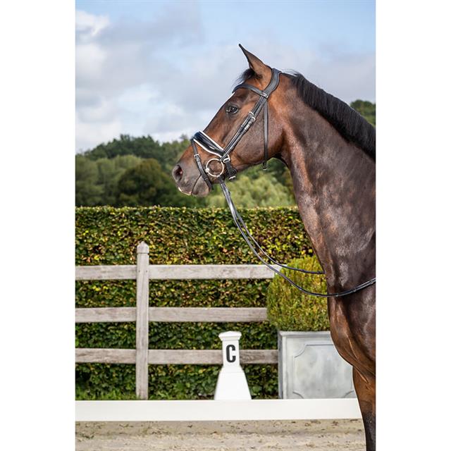 Bridon à muserolle combinée large vernie à doublure blanche Dressage Cuir Plat by Dy'on Noir